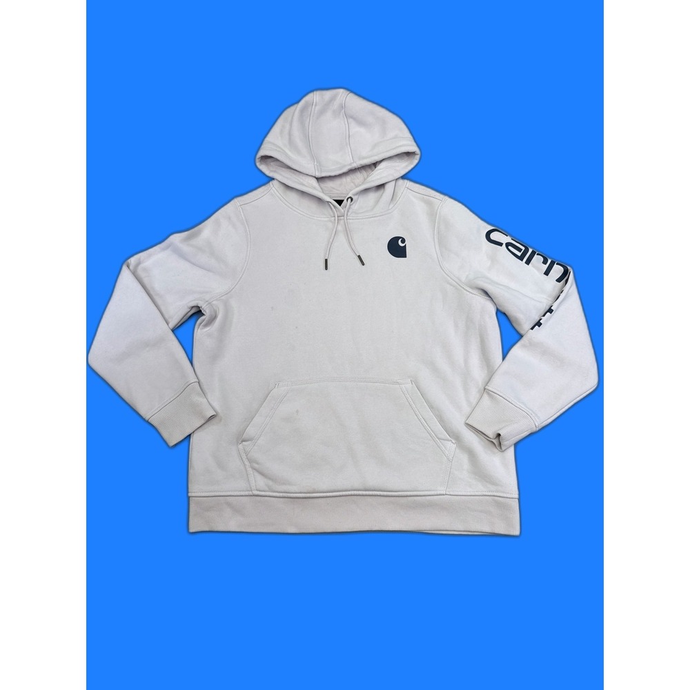 Carhartt Hooded Sweatshirt L (12 14) White Cotton Blend Relaxed Fit Graphic